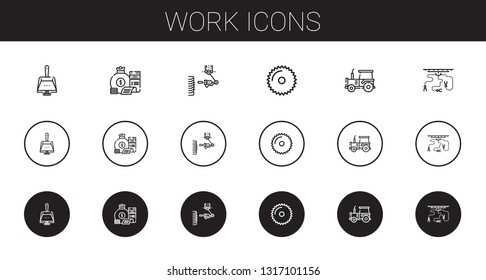 work icons set. Collection of work with dustpan, money bag, industrial robot, saw, tractor. Editable and scalable work icons.