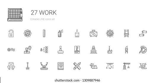 work icons set. Collection of work with industrial robot, iron, pencil, biography, rake, armchair, wiping, traffic cone, axe, stamp, skills. Editable and scalable work icons.