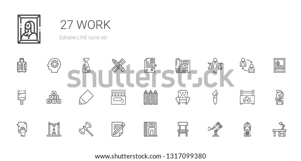 work icons set. Collection of work with industrial\
robot, chair, divider, pencil, axe, cleaning, brush, armchair,\
pencils, tampon, bricks, paint brush. Editable and scalable work\
icons.