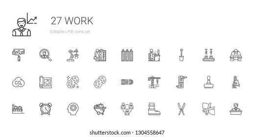 work icons set. Collection of work with shears, boots, teamwork, wheelbarrow, gear, alarm clock, suitcase, scroll, crane, settings, sponge, blueprint. Editable and scalable work icons.