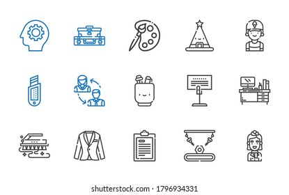 conjunto de iconos de trabajo. Colección de trabajo con mayordomos, robot industrial, prueba, traje, cepillo, escritorio, soporte, estuche de lápiz, empleados, cortador, empleado. Iconos de trabajo editables y escalables.