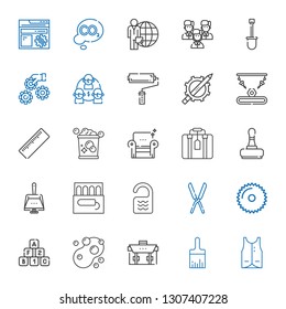 work icons set. Collection of work with vest, paint brush, briefcase, sponge, bricks, saw, shears, room, tampon, dustpan, stamp, suitcase, armchair. Editable and scalable work icons.