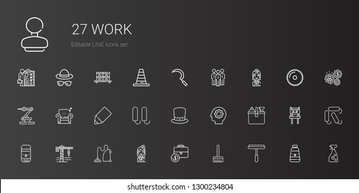 Work Icons Set. Collection Of Work With Window Cleaner, Broom, Portfolio, Stewardess, Vacuum Cleaner, Crane, Glue Stick, Cleaning, Gear, Hat. Editable And Scalable Work Icons.