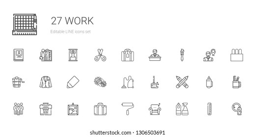 work icons set. Collection of work with window cleaner, armchair, paint roller, suitcase, painting, group, pencils, wiping, vacuum cleaner, setting. Editable and scalable work icons.