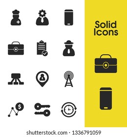 Work icons set with communications tower, double key and cook elements. Set of work icons and statistic concept. Editable vector elements for logo app UI design.
