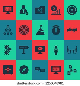 Work icons set with compass, 5-star review, online task board and other strongbox elements. Isolated vector illustration work icons.