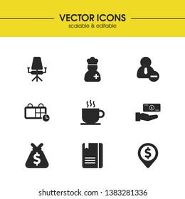 Work icons set with copybook, coffee and arm money elements. Set of work icons and deadline concept. Editable vector elements for logo app UI design.