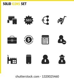 Work icons set with factory, case and setting SEO elements. Set of work icons and revenue concept. Editable vector elements for logo app UI design.