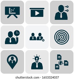 Work icons set with file sharing, multitasking, presentation and other personal skill elements. Isolated vector illustration work icons.