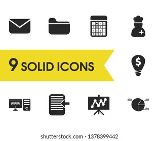 Work icons set with folder, calculator and board elements. Set of work icons and creativity concept. Editable vector elements for logo app UI design.