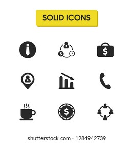 Work icons set with geolocation of person, coin and coffee elements. Set of work icons and cash concept. Editable vector elements for logo app UI design.