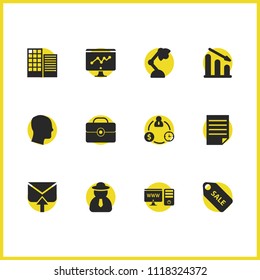 Work icons set with head money, table lamp and computer elements. Set of work icons and blank concept. Editable vector elements for logo app UI design.