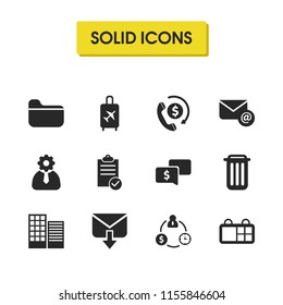 Work icons set with incoming message, basket and setting elements. Set of work icons and transfer concept. Editable vector elements for logo app UI design.