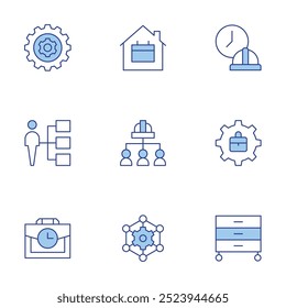 Work icons set. Line Duotone style, editable stroke. working hours, work, work station, outsourcing, work team, working at home, assignment, gear.