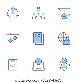 Work icons set. Line Duotone style, editable stroke. work in progress, portfolio, worldwide, checklist, overwork, audit, networking, helmet.