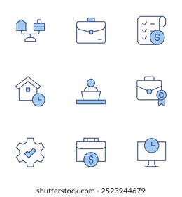 Work icons set. Line Duotone style, editable stroke. portfolio, briefcase, time, shopping list, working at home, balance, suitcase, working, check.
