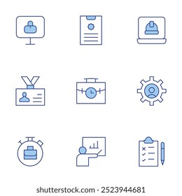 Work icons set. Line Duotone style, editable stroke. lecture, test, briefcase, settings, work, id card, telecommuting, remote working.