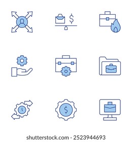 Ícones de trabalho definidos. Linha Duotone estilo, traço editável. equilíbrio, engrenagem, telecomutação, trabalho, trabalho, mobilidade, direções.
