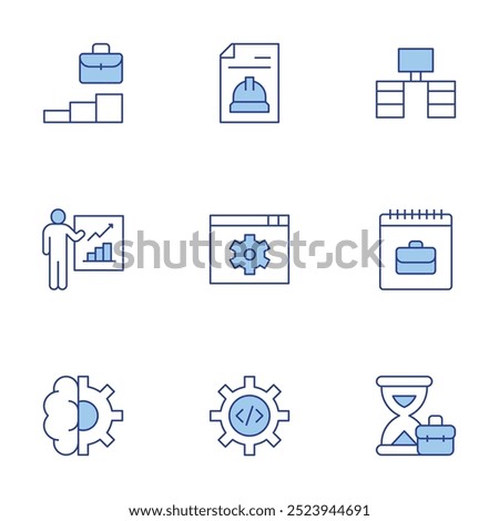 Work icons set. Line Duotone style, editable stroke. desk, settings, hourglass, work, work in progress, report, working.