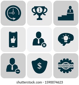 Work icons set with man on top, team communication, protection and other delete user elements. Isolated vector illustration work icons.
