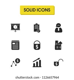 Work icons set with money without lock, note list and purse elements. Set of work icons and sheet concept. Editable vector elements for logo app UI design.