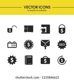 Work icons set with money without lock, coin and money behind the lock elements. Set of work icons and coffeemaker concept. Editable vector elements for logo app UI design.
