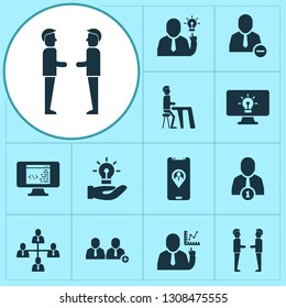 Work icons set with online idea, team analytics, coding and other computer elements. Isolated vector illustration work icons.