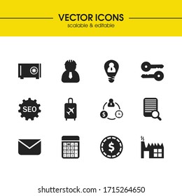 Work icons set with people intellect, double key and search by document elements. Set of work icons and engineering concept. Editable vector elements for logo app UI design.