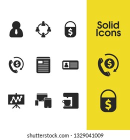 Work icons set with personal card, business technical and electric machine elements. Set of work icons and sheet concept. Editable vector elements for logo app UI design.