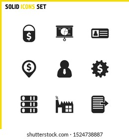 Work icons set with personal card, geolocation and archive elements. Set of work icons and pin concept. Editable vector elements for logo app UI design.