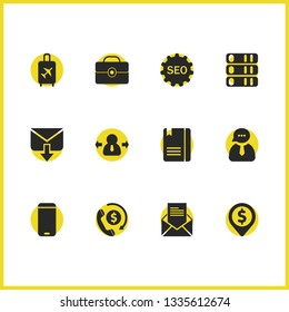 Work icons set with phone, case and setting SEO elements. Set of work icons and open letter concept. Editable vector elements for logo app UI design.