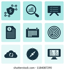 Work icons set with planning board, contract, online task board and other task manager elements. Isolated vector illustration work icons.