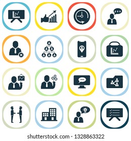 Work icons set with planning board, hierarchy, brilliant idea and other success elements. Isolated vector illustration work icons.