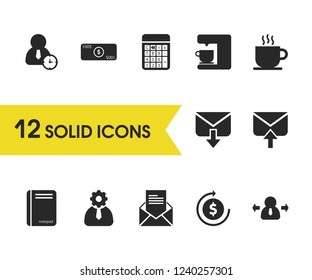 Work icons set with post, active person and incoming message elements. Set of work icons and time management concept. Editable vector elements for logo app UI design.
