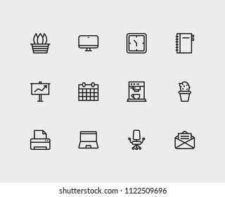 Work icons set. Presentation board and work icons with clock, mail and printer. Set of tech for web app logo UI design.