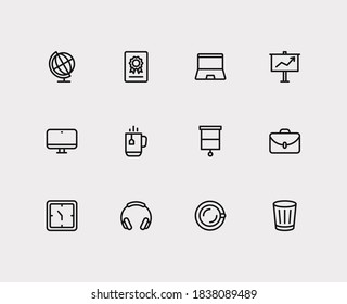 Work icons set. Presentation board and work icons with case, tea cup and laptop. Set of fresh for web app logo UI design.