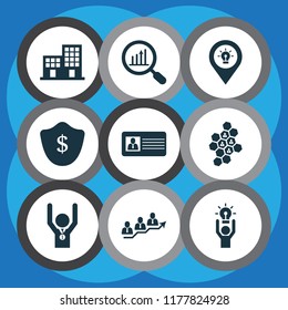 Work icons set with protection, winner, id card and other research elements. Isolated vector illustration work icons.
