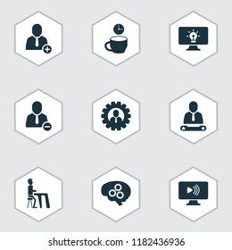 Work icons set with remove from team, add to team, brainstorm process and other leader elements. Isolated vector illustration work icons.