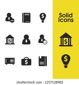 Work icons set with safe, money lamp and case with money elements. Set of work icons and diary concept. Editable vector elements for logo app UI design.