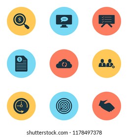 Work icons set with search money, goal, deadline and other target elements. Isolated vector illustration work icons.