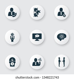 Work icons set with team, best solution, brainstorming and other jigsaw elements. Isolated vector illustration work icons.