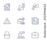 Work icons set. Thin Line style, editable stroke. working at home, resume, working conditions, suitcase, product, boss, work in progress, work from home, hybrid work.