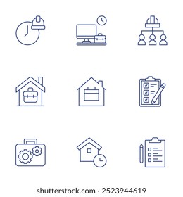 Ícones de trabalho definidos. Estilo de Linha Fina, traço editável. trabalho, equipe de trabalho, trabalho em casa, verificação, lista de verificação, horas de trabalho, trabalho em casa, trabalho em andamento.