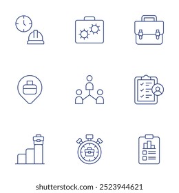 Conjunto de iconos de trabajo. Estilo de línea delgada, movimiento editable. horas de trabajo, trabajo en progreso, pin, redes, lista de verificación, promoción de trabajo, fecha límite, informe, maletín.