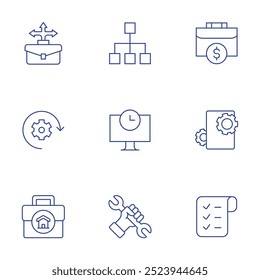Ícones de trabalho definidos. Estilo Thin Line, traço editável. oportunidade, esquema, portfólio, trabalho em andamento, tempo, trabalho, trabalho em casa, lista de compras, chave inglesa.