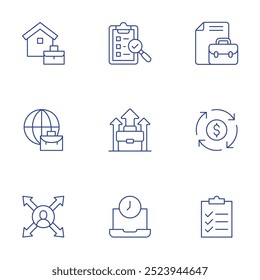 Work icons set. Thin Line style, editable stroke. inventory, job promotion, circular economy, overwork, checklist, portfolio, working at home, worldwide, directions.