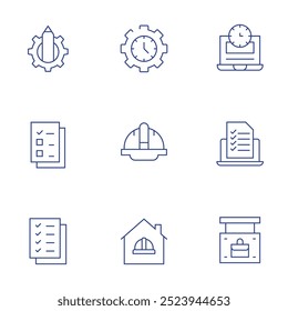 Work icons set. Thin Line style, editable stroke. file, helmet, checklist, working at home, work in progress, time management, check list, work, working time.