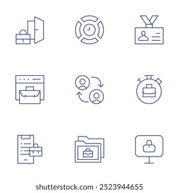 Work icons set. Thin Line style, editable stroke. dismiss, business, work, time management, id card, collaborate, telecommuting, remote working.