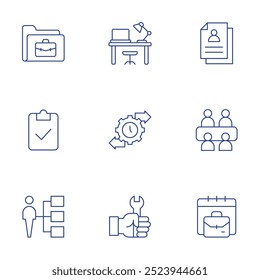 Work icons set. Thin Line style, editable stroke. audit, mobility, meeting, working, work, work table, assignment, wrench, briefcase.