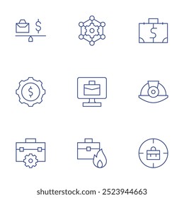 Ícones de trabalho definidos. Estilo linha fina, curso editável. equilíbrio, terceirização, dinheiro, equipamentos, telecomutação, capacete, trabalho.